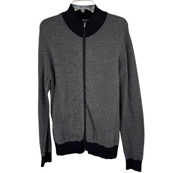 Michael Kors Gray Full-Zip Cotton SweaterBlack Trim Mens Size Large - Picture 1 of 12